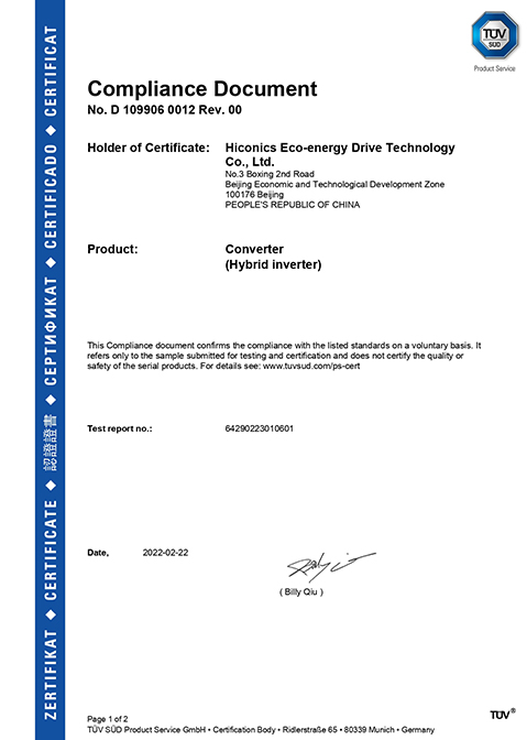 hiconics energy storage utility interconnected of inverter certificate iec6172762116